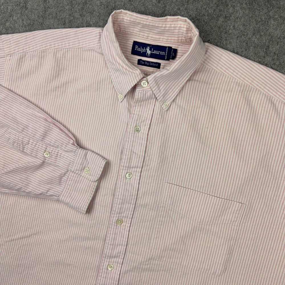 VTG Ralph Lauren Shirt Mens Large Pink Hickory Striped The Big Oxford Button 90s